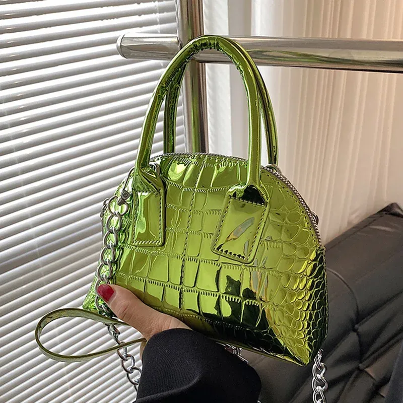 シェル2022高級女性光沢のあるワニの印刷革張りパーティーデザイナーグリーンチェーンショルダーバッグクロスボディバッグハンドバッグと財布