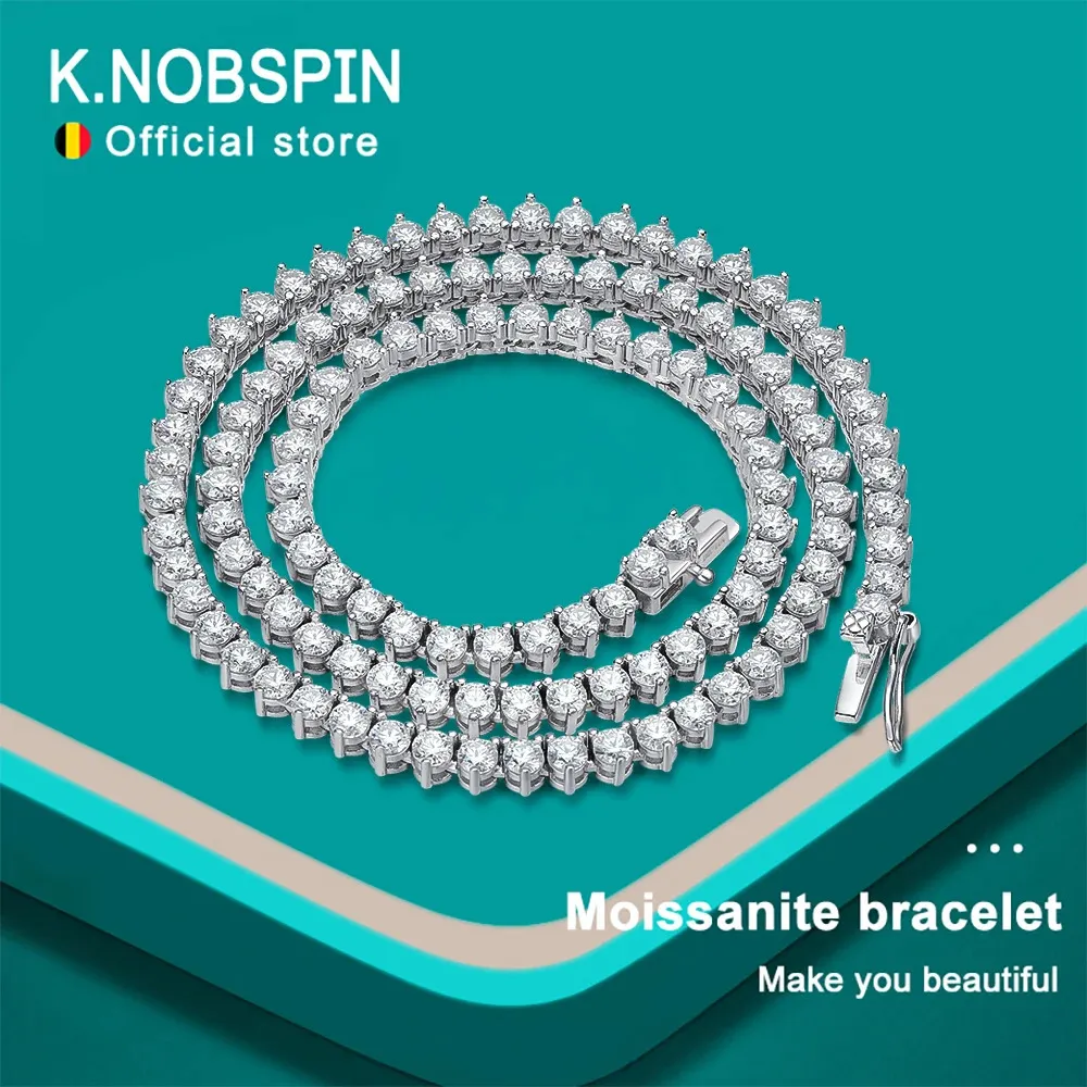 Knobspin 3 Claw D VVS1 Tennis Necklace 925 Sterling Silver Plated 18K White Gold med Gra Fine Necklace for Women Man 240409