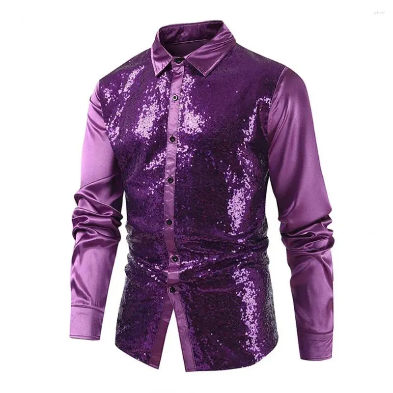 Men's Casual Shirts Men Long Sleeve Shirt Sequin Performance For With Turn-down Collar Satin Fabric Sleeves Button-up Club