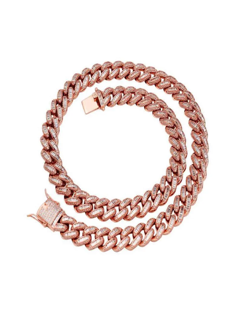 Men Raper Rock Punk 125 mm Real Rose Gold Iced Out Pink Cuban Link Sain Fashion Baguette Naszyjnik1645898