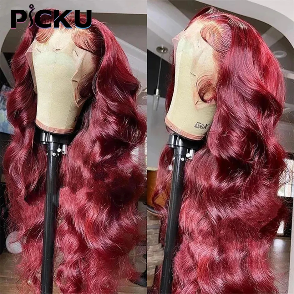 99J Red Lace Front Human Hair s Burgundy Colored Loose Body Wave Glueless 13x4 HD Transparent Frontal 30 34 Inch 240408