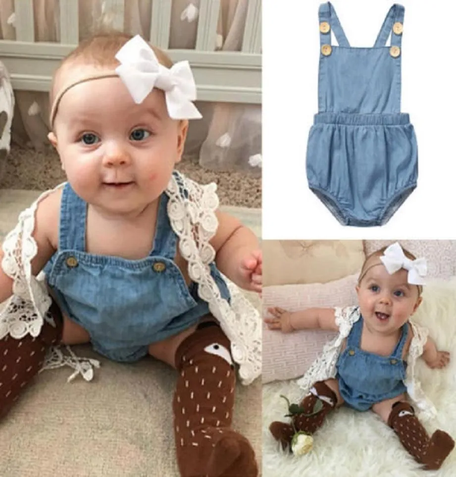 Infant Baby Girls boutique Clothes Denim ruffle romper tops bubble Playsuit candy onesies Aprons Bodysuit porn Jumpsuit clothing p8671417