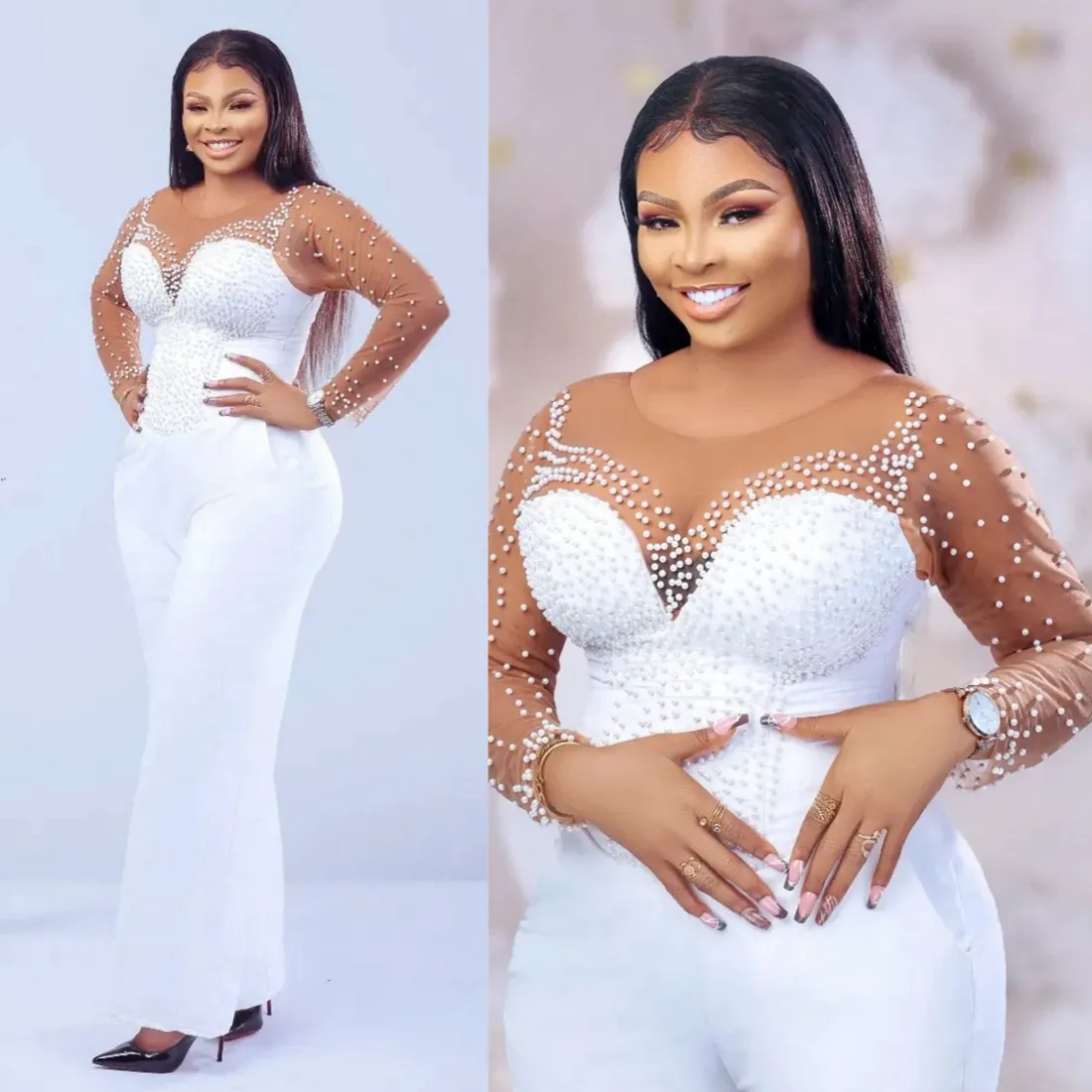 2024 White Plus Size Jumpsuits Prom Dresses for Black Women Illusion Long Sleeves Pearls Beaded Promdress Evening Dresses Elegant Second Reception Gowns AM734