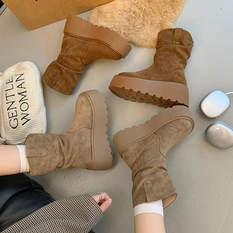 Suede Platform Ankle Boots For Women Mid Heel Walking Shoes Non Slip_voghion.com