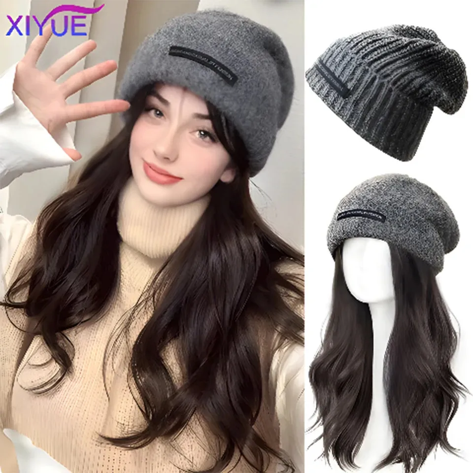 XIYUE Hat wig all-in-one womens long hair winter knitted hat long curly hair natural synthesis full head cover 240407