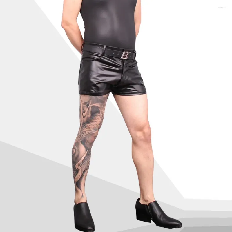 Men's Shorts Plus Size Sexy Men U Convex Pouch Boxers PU Casual Leather Pants Latex High Elastic Faux Underwear Cool Male Sports