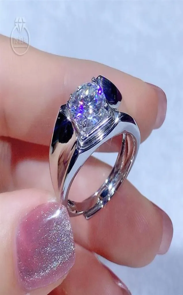 Anillo de moissanite real 2 0ct para hombres 925 Color de plata esterlina DF Ajustable Ring de diamantes de boda de moda RESIZABLE219W9159828