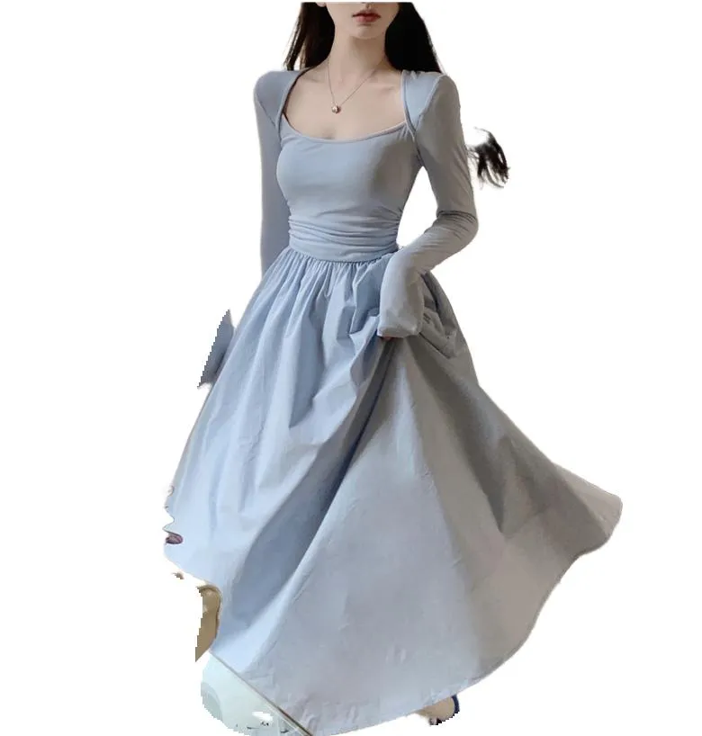 Women square neck long sleeve blue cotton blend empire waist ankle-length maxi  dress SML from Dhgate Basic & Casual Dresses - price 30.69