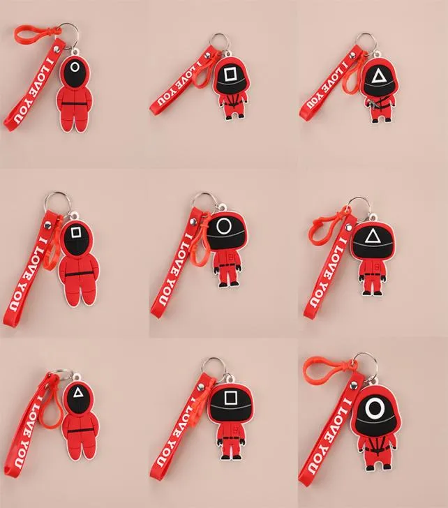 Squid Game Keychain Masked Person Key Chain Ring Charm Pendre Jewelry ULAR TV CARTOONE Doll Model Anime En bois Pontang Pontang PVC Toys Gifts6586325