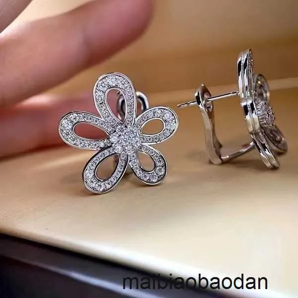 Top Quality Classic Style 925 Sterling Silver Fanjia Earrings Plated with 18K White Gold Big Flower Full Diamond Camellia High Version