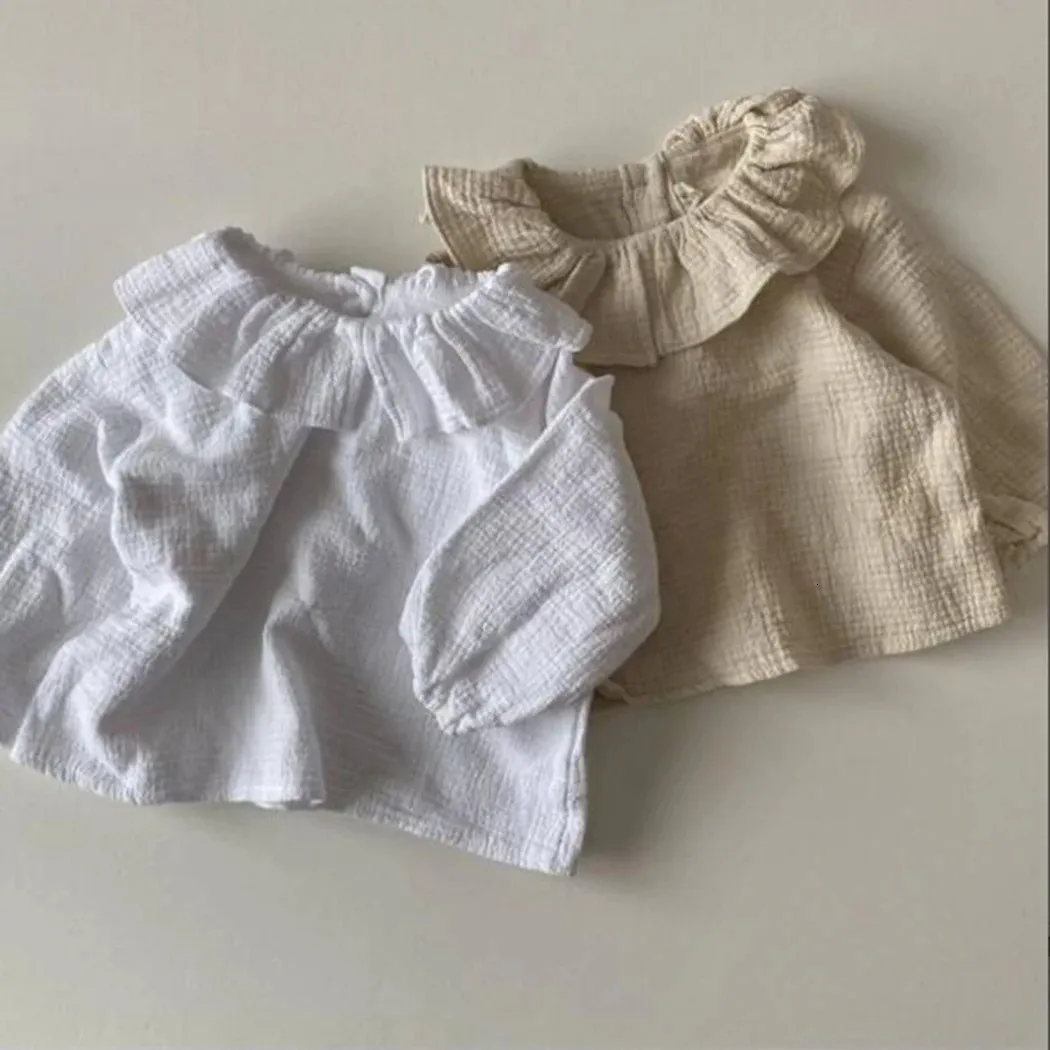 Weiß/beige geborenes Baby Mädchen Baumwolle Hemd Ruffen Crew Hals Langarm Leinenhemd Bluse Kleinkind Girls Weich lässig Tops 240507