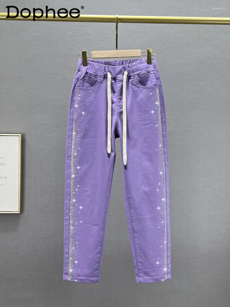 Kvinnors jeans lila tunn 2024 vår och sommar stretchig hög midja bantningsborrning beskurna byxor harem kvinnlig