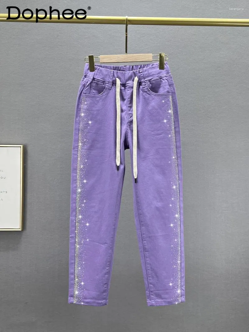 Women's Jeans Purple Thin 2024 Spring And Summer Stretchy High Waist Slimming Drilling Cropped Pants Harem Female