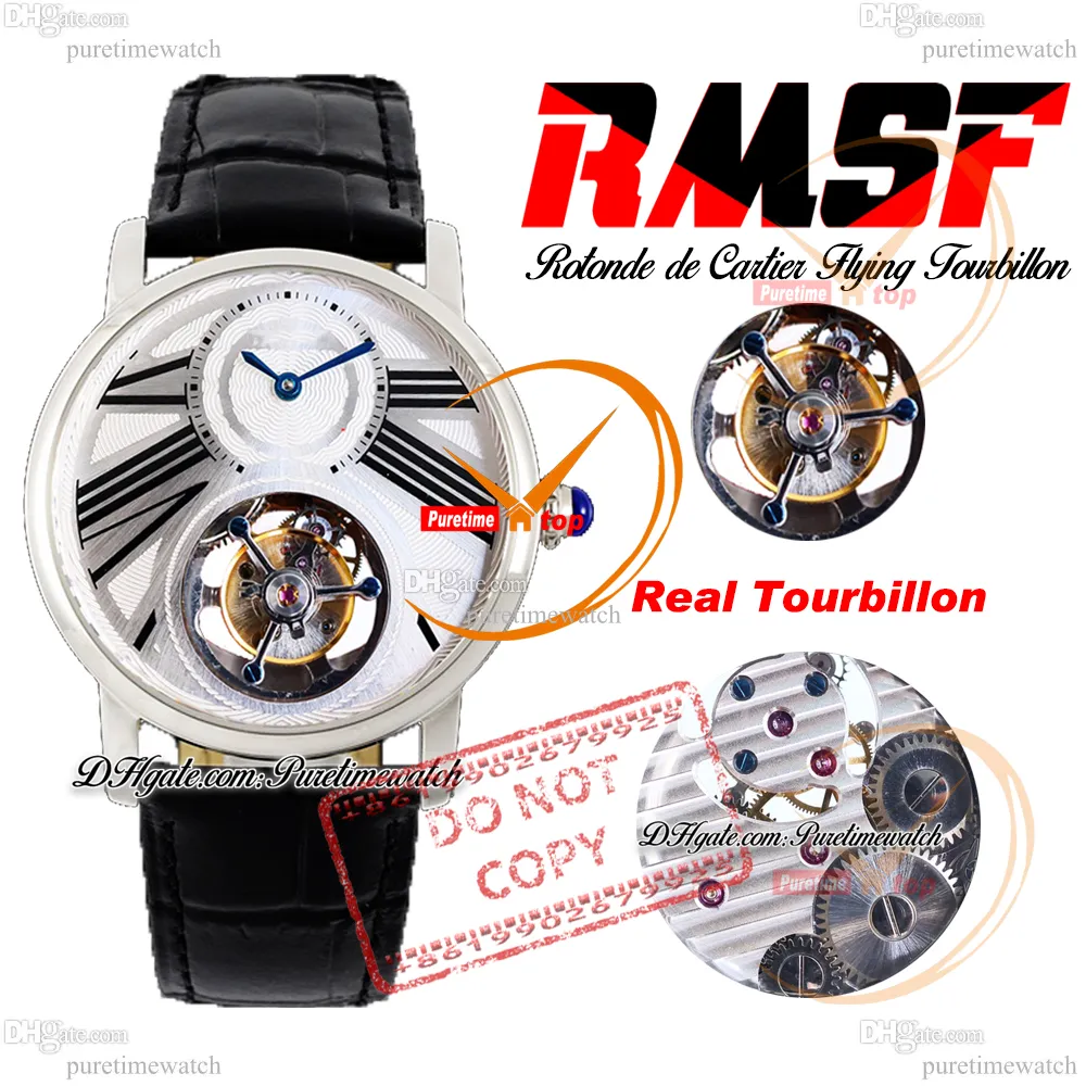 Rotonde Flying Tourbillon Mechanical Hand Winding Mens Watch Rmsf Steel Case Silver White Roman Digne noir