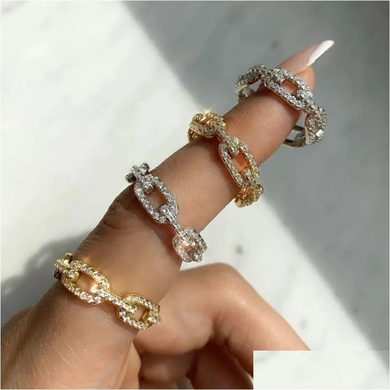 Cluster Rings Chic Cuban Link Chain For Women Ice Out Micro Pave Zirconia Tennis Ring Fashion Accessories Hiphop Rock Jewelry 230630 D Otgjk