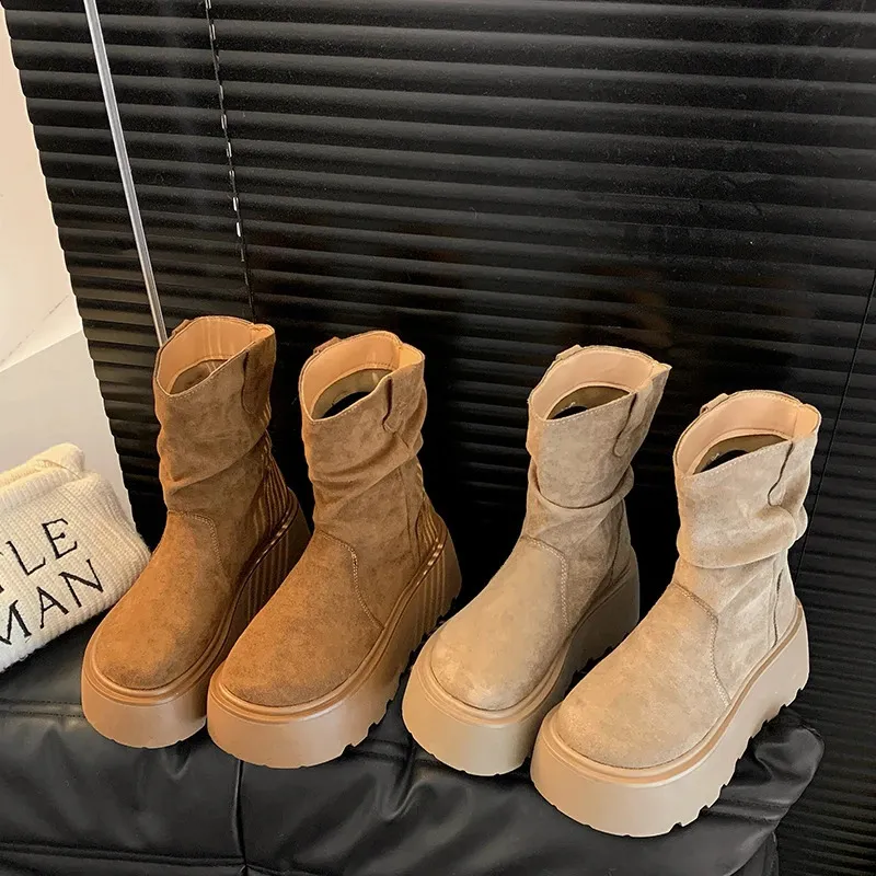 Suede Platform Ankle Boots For Women Mid Heel Walking Shoes Non Slip_voghion.com