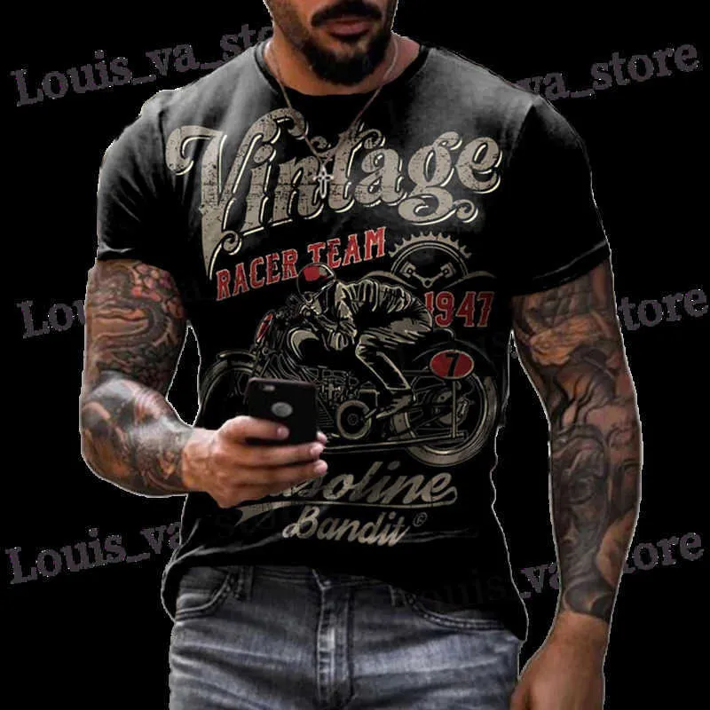 T-shirty męskie 2022 Summer Vintage Mens T Shirt 3D Retro Motorcycle Oversizesed Tshirts dla mężczyzn Ubrania Biker T-shirts Motor TS TOPS T240419