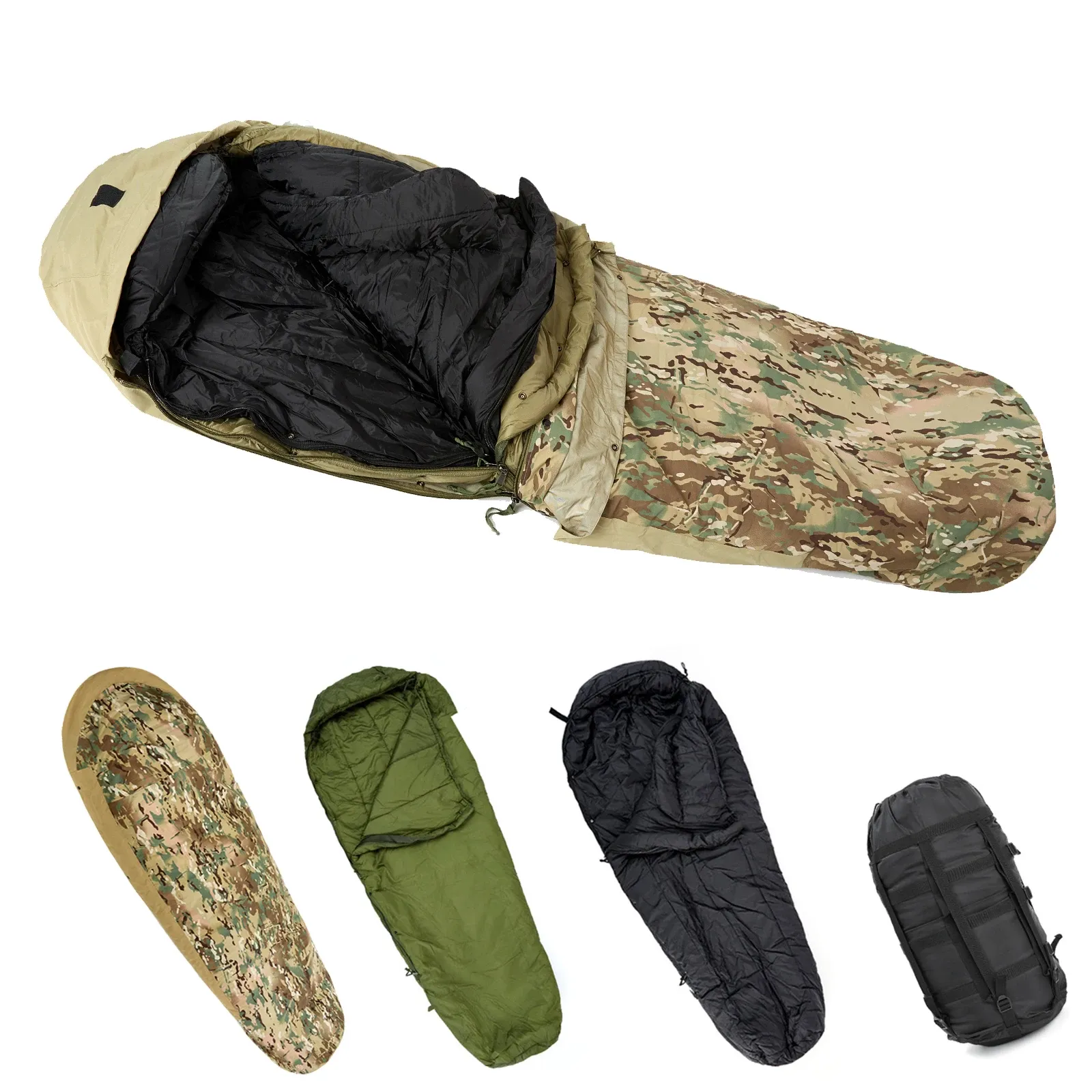 Förpackar Akmax Army Military Modular Sleeping Bags System, Multi Layered with Bivy Cover under hela säsongen, Woodland/Multicam