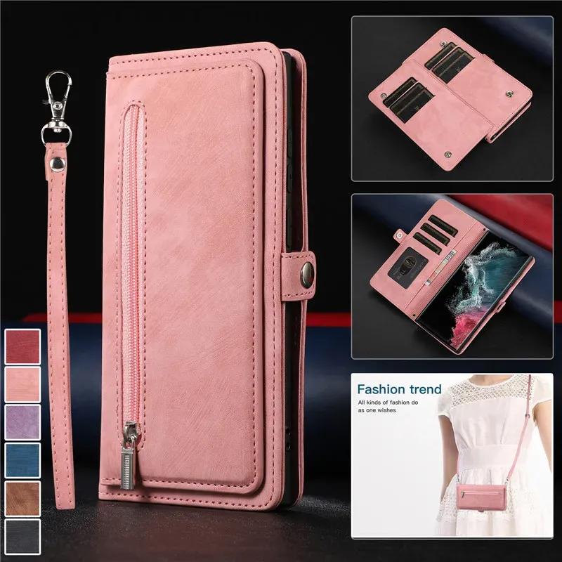Brieftaschen Long Lanyard Flip Leder -Telefonhülle für Samsung Galaxy A13 A13 A23 A33 A53 A12 A32 A52 A51 A71 Reißverschluss Brieftasche Multi Card Cover