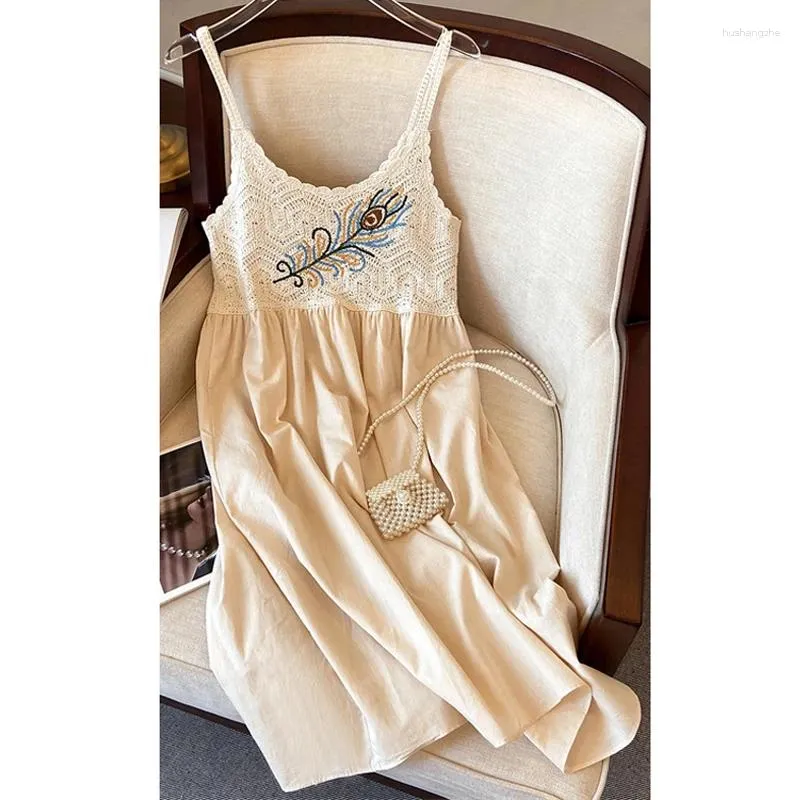 Sweet Crochet Lace Feather Print Cami Dress for Women - Perfect for Summer Beach