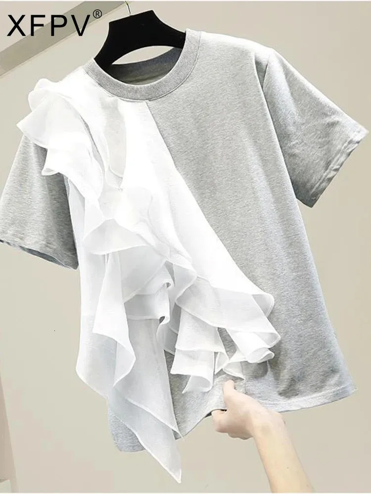 XFPV Women Design Ruffles Patchwork Loose Top Y2k T-shirt Round Neck Short Sleeve Sweet Korea Summer SM2771 240327