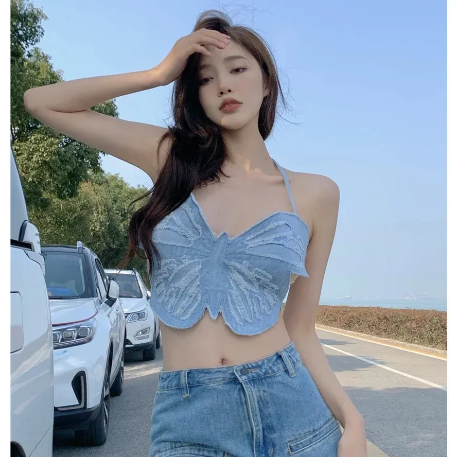 Sezo Korean Women Clothing Tops for the Fashion Design Cowboy Halter Vest Crop Top240416