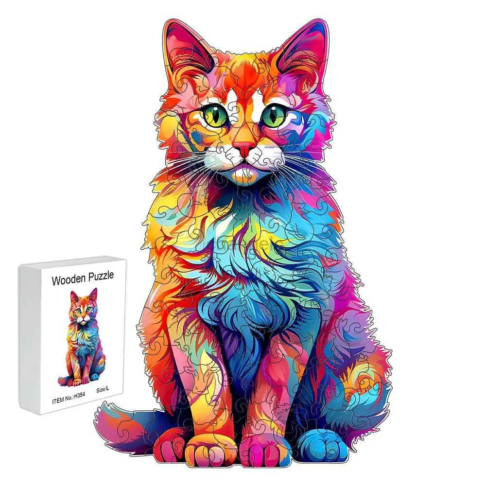 3D Puzzles Wood Pussel Color Cat Gift Box Vacker present Oregelbunden form Pussel Julklapp Vuxen Stress Reduktion Familje Interaktion 240419