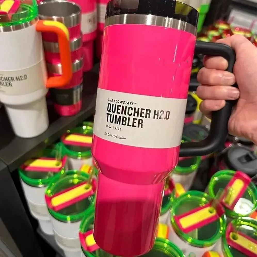 US Stock Electric Neon White Pink Black Mugs Quencher H2.0 40oz rostfritt stål Tumblers Cups med silikonhandtag Lock och halmresor Bilvattenflaskor