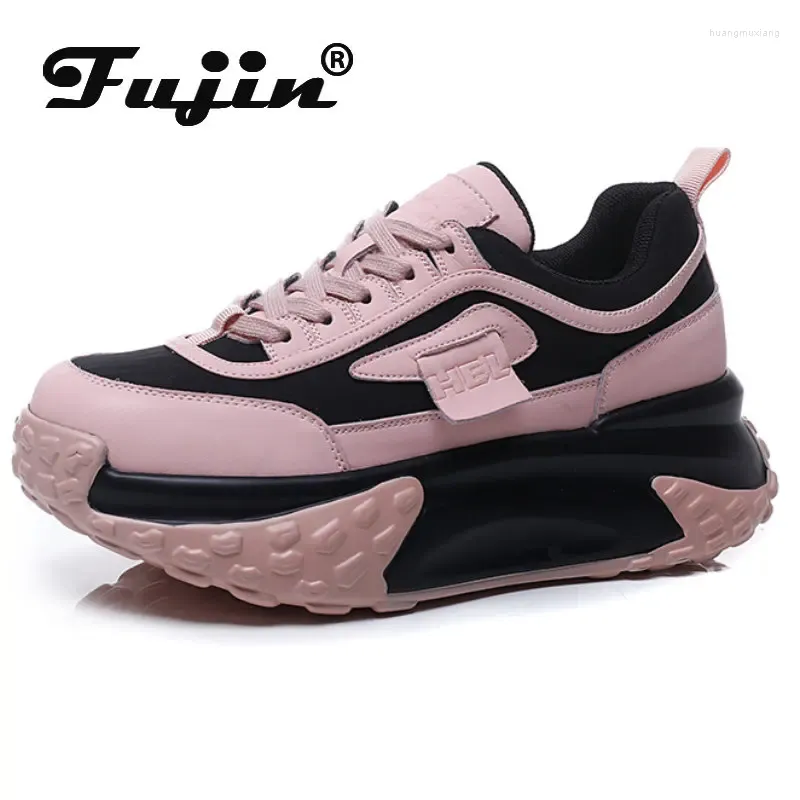 Casual schoenen fujin 6 cm stretch stof echt lederen platform dikke sneaker gemengde kleur dikke zool lente herfst vulcanisatie zomer