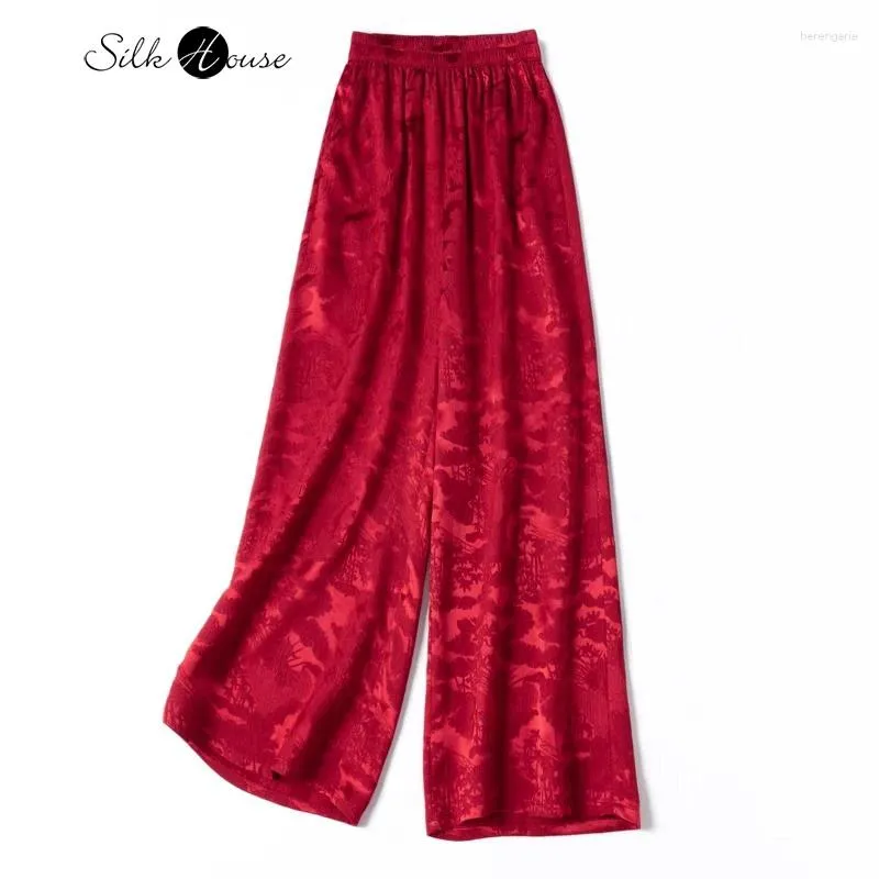 Pantaloni da donna 2024 estate 30mm 50% di gelso naturale guanle raso rilievo tascabile design rosso gamba larga