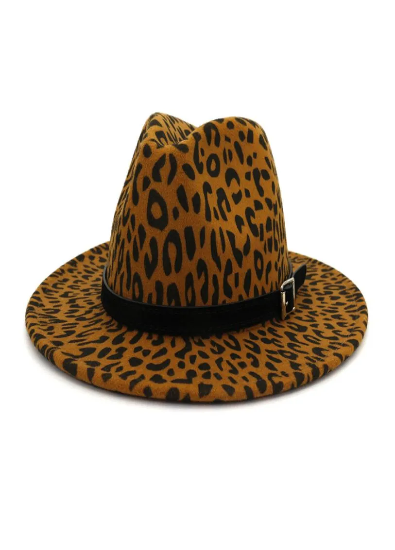 Herfst winter vrouwen mannen wijd rand leopord bedrukte faux wollen hoeden dame panama vintage fedora hat jazz cap met riemgesp 60 cm3292960