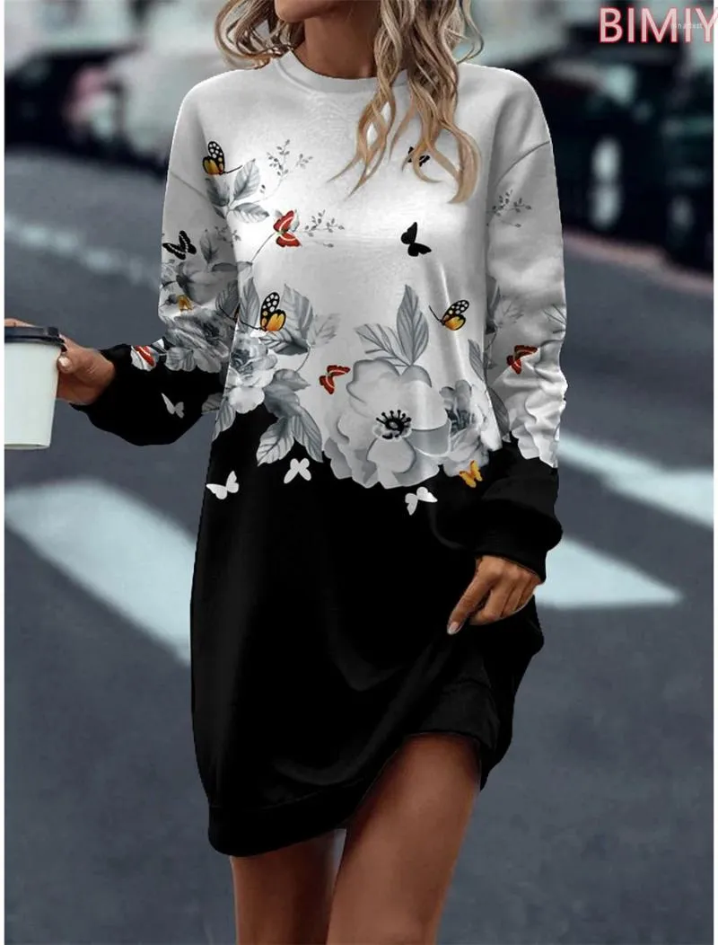 Casual Dresses Autumn Winter Fashion Print Sweatshirt Dress For Women Long Sleeve Oversize Crew Neck Floral Ladies