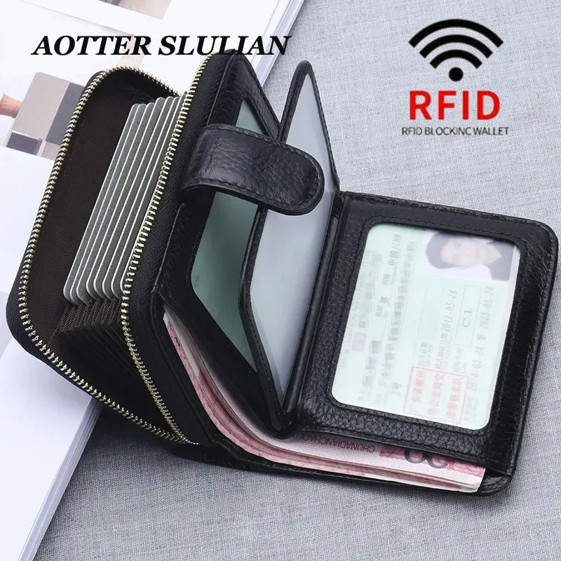 Plånböcker Kvinnor Små läder RFID Skydda pengar Plånbokskort Holder Slots Fall Zipper Kortsäckar för företag Kreditkort Mynt Purse