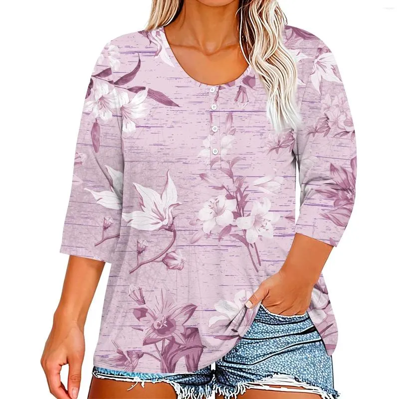 Women's T Shirts 3/4 Sleeve For Women Print Graphic Tees Button V-neck Blouses Casual Plus Size Basic Tops Pullover Hauts Grande Taille