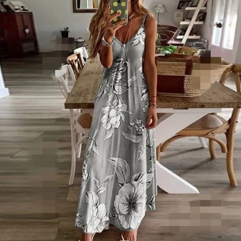 Sprężynowy letni druk Dres Plus Dres Vneck Długie sukienki swobodne bohemijskie rękawy na plażę sukienkę elegancką 240412