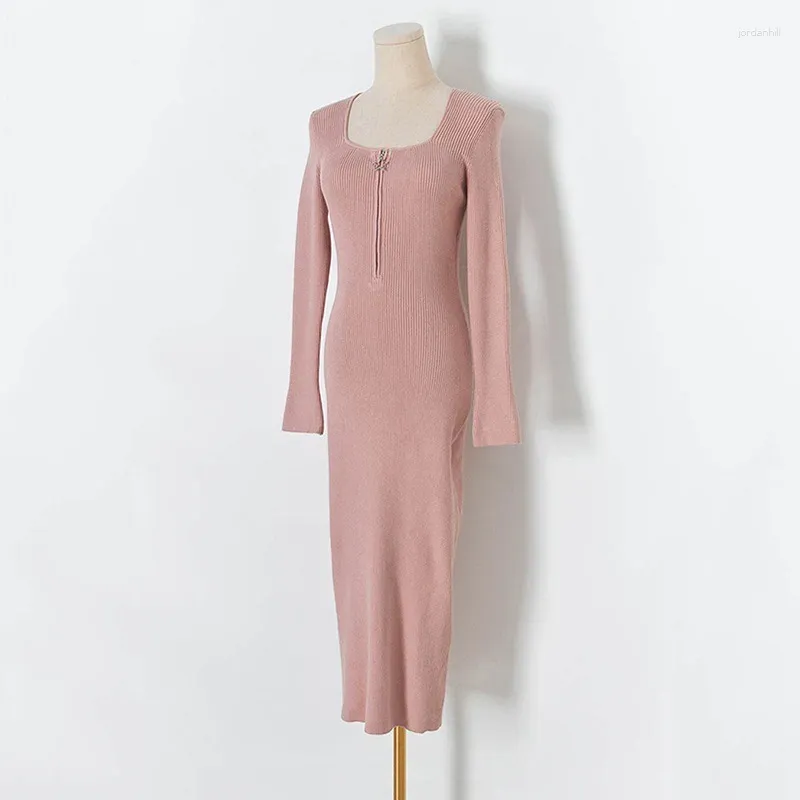 Casual jurken herfst winter midi trui jurk vrouwen elastische slanke lange mouw zipper vierkante nek split brei