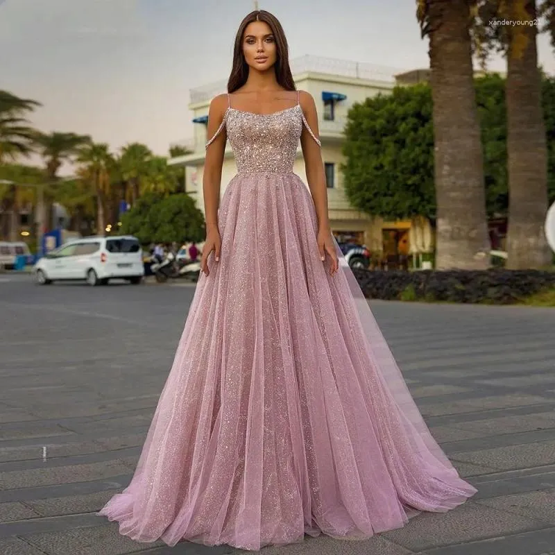 Vestidos de festa coram o vestido de baile de lantejoulas rosa tule tule spaghetti uma linha longa vestidos de noite formal para mulheres comprimento do chão 2024