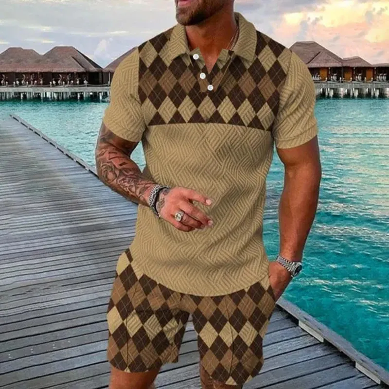 Summer Mens Suit Trend 3D Print Vintage check Polo Shirt Shorts Two Piece Set Soft Fashion Casual Men Clothing Tracksuit Set 240411