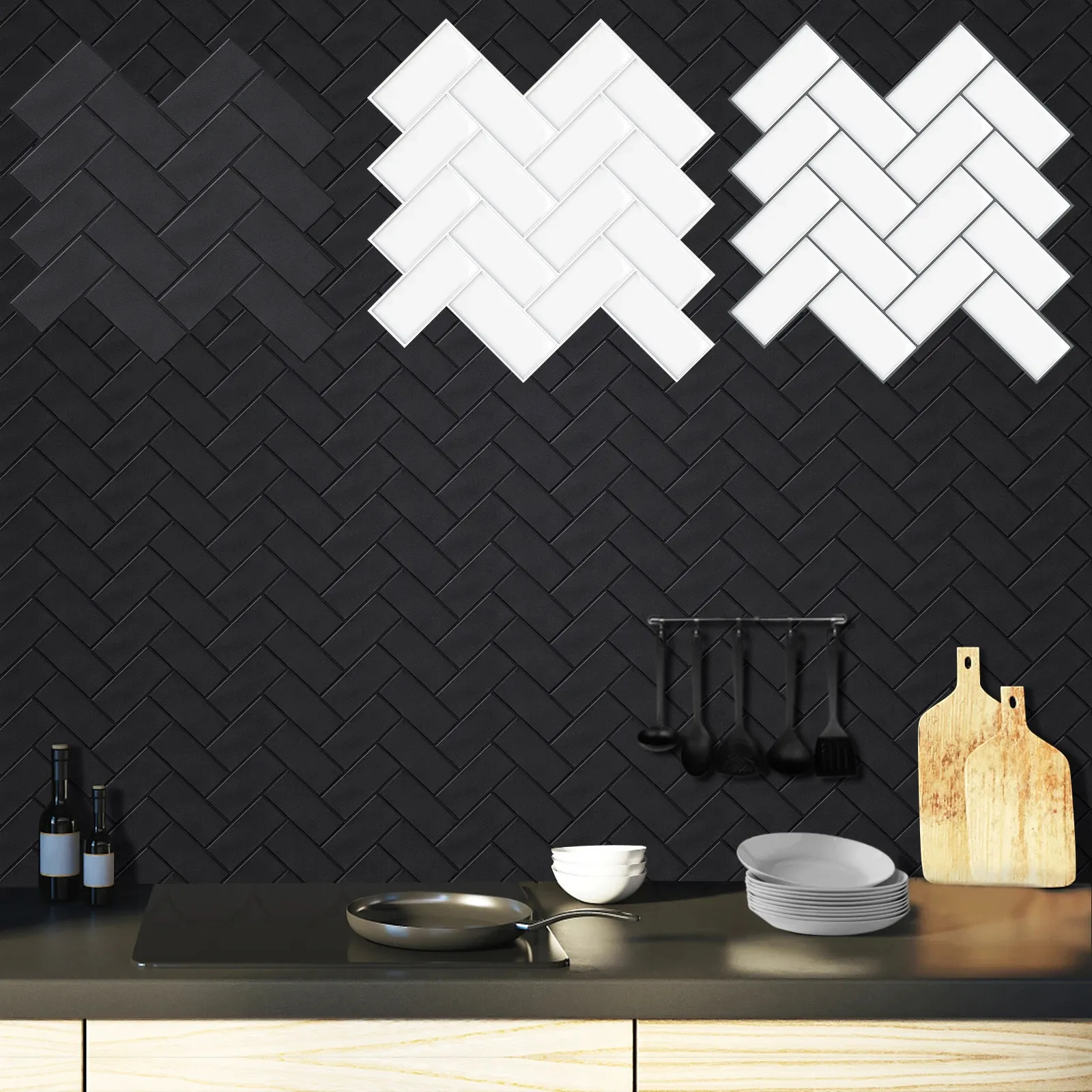 10 Pieces Peel and Stick Herringbone Wall Tiles DIY Kitchen Backsplash Big SIze Sticker Waterproof Vinyl Wallpaper for Home 240415