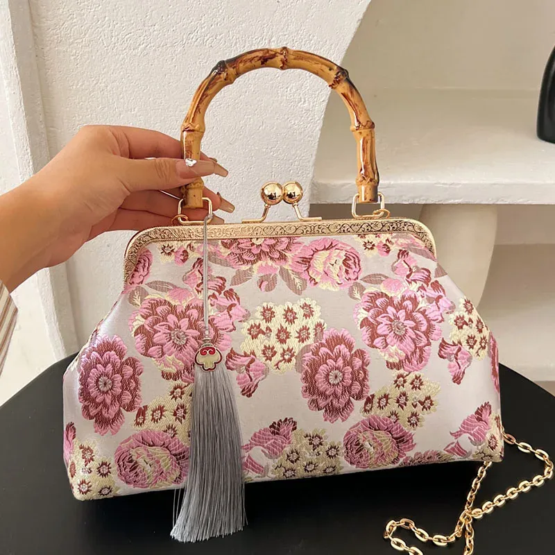 Shell Vintage Women Gray Tassel Lock Shell Clip Designer Chain Schoudertassen Bloem Crossbody Tassen Handgemaakte roze handtassen en portemonnees