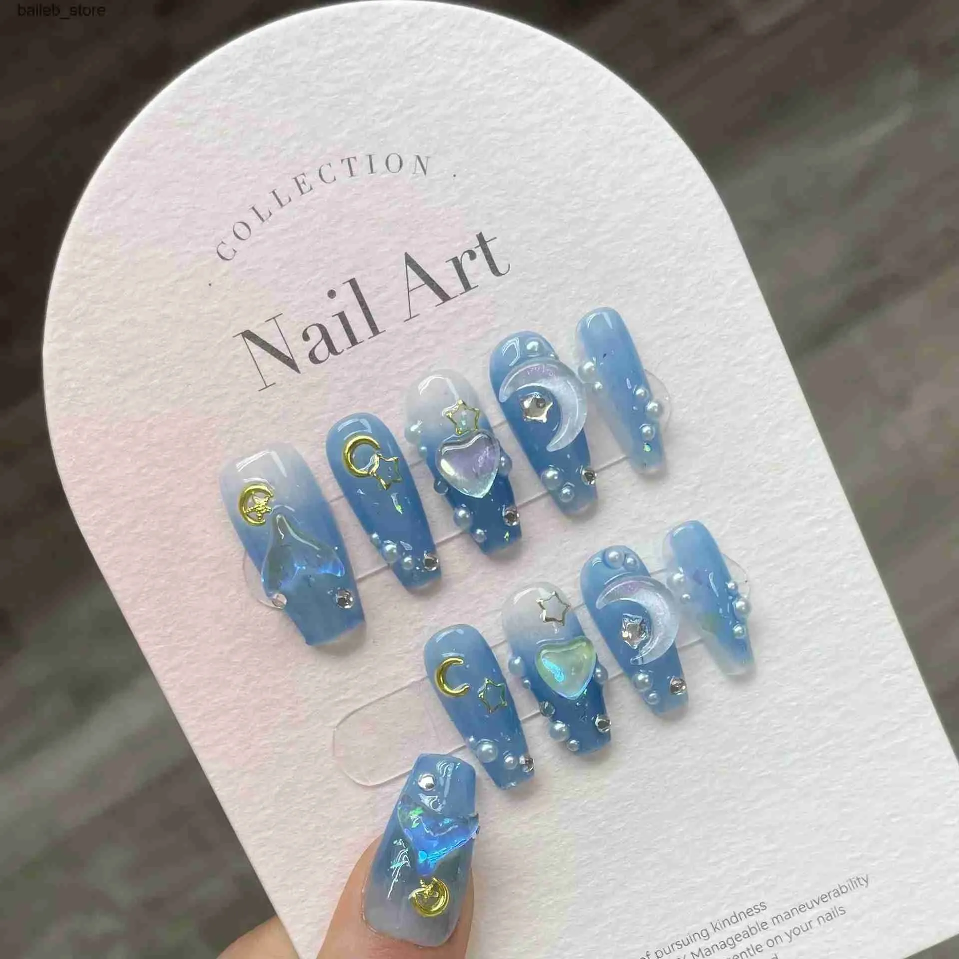 False Nails 10Pcs Handmade Press on Nails Long Ballet Blue Fake Nails with 3D Ocean Moon Rhinestone Design False Nails Full Cover Nail Tips Y240419 Y240419