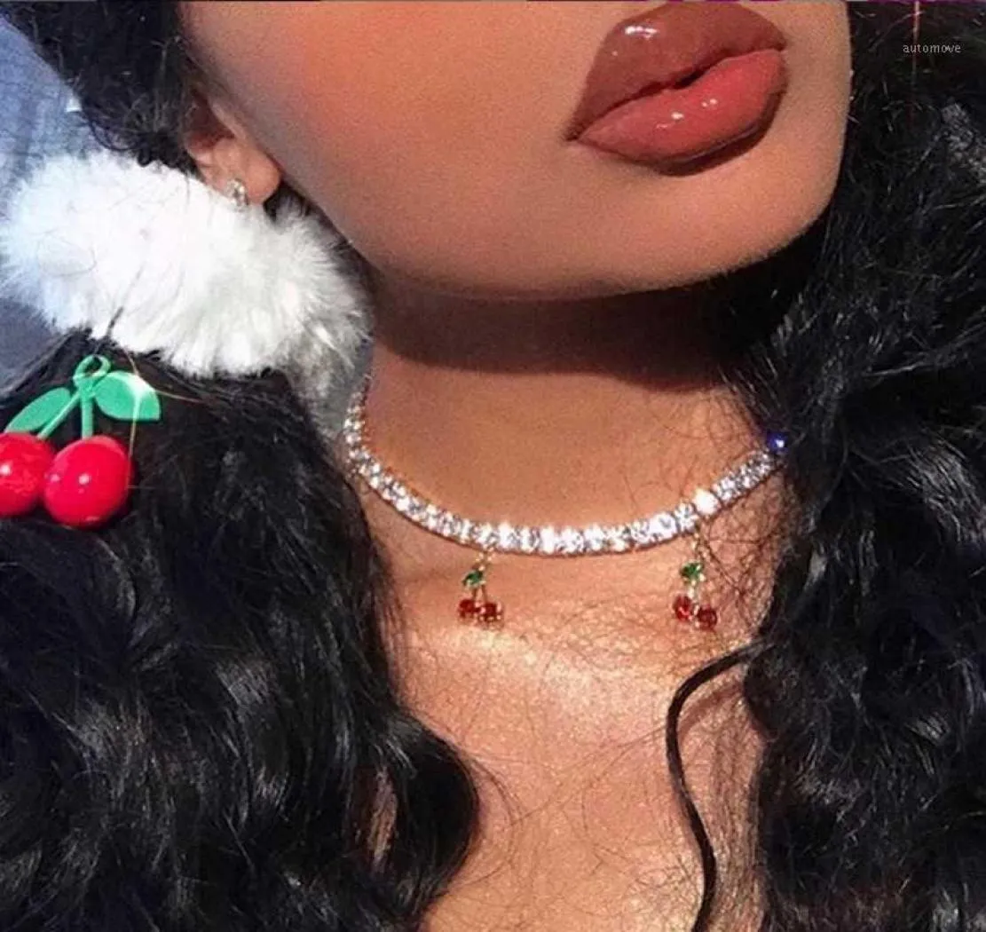 Ny design charm rhinestone cherry hänge halsband för kvinnor uttalande tenniskedja choker kristall krage flickor hiphop smycken12370223