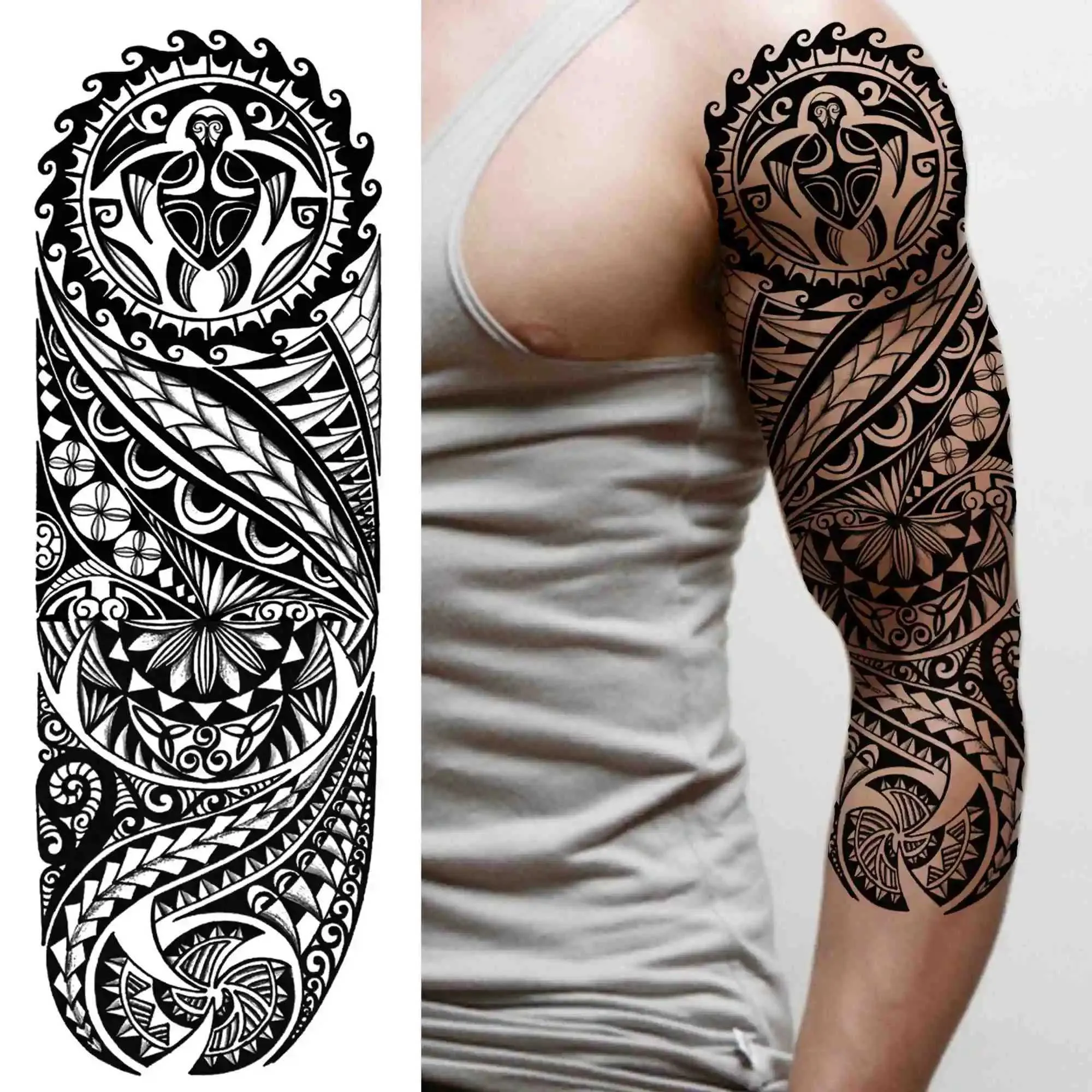 Death Skull Black Flower Full Sleeve tattoo sticker tattoo for Men and ...