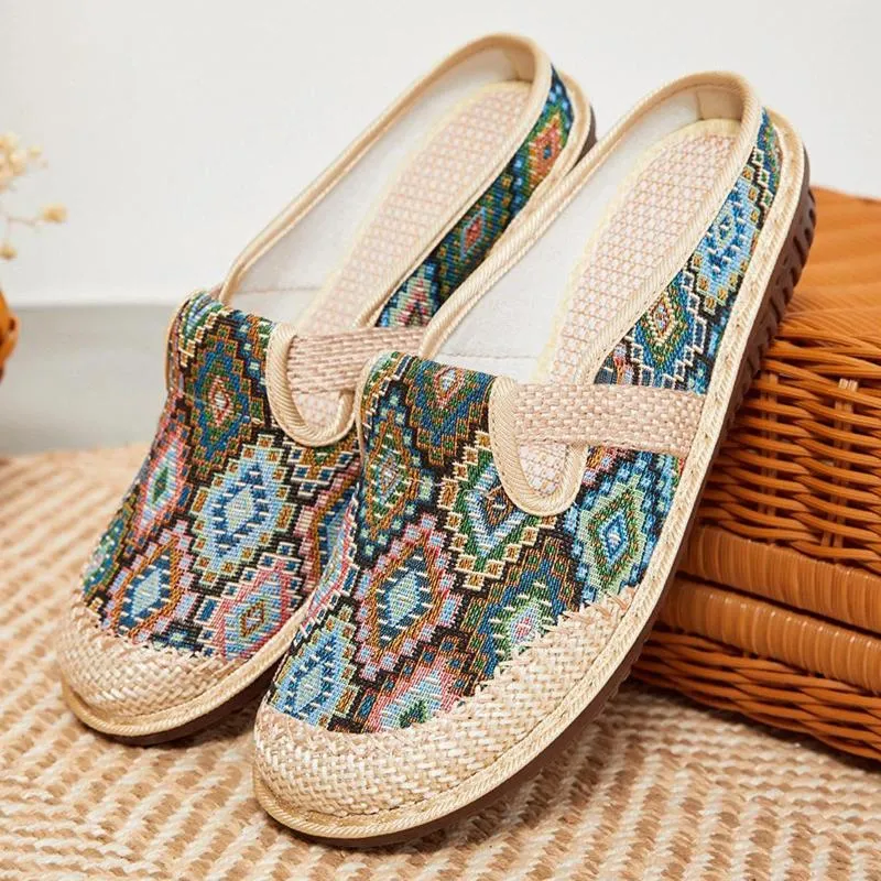 Chaussures décontractées baskets plats baskets de tennis pour femmes en lin rétro en tissu simple à moitié pantoufles zapatos de mujer