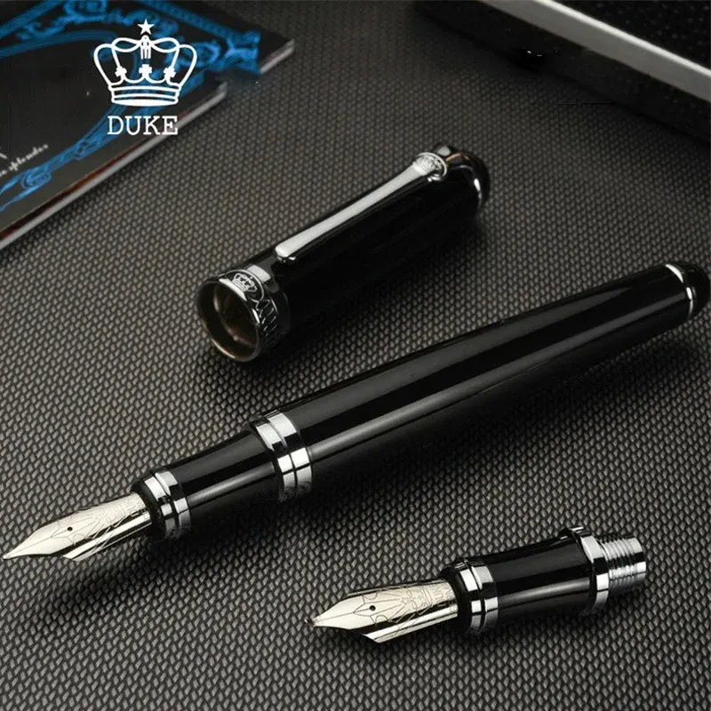 Ручки роскошные бренд Duke D2 Fountain Pen Silver Black Clip Callicraphy Metal Gift Bend Bend Double Nib Ink Pencain