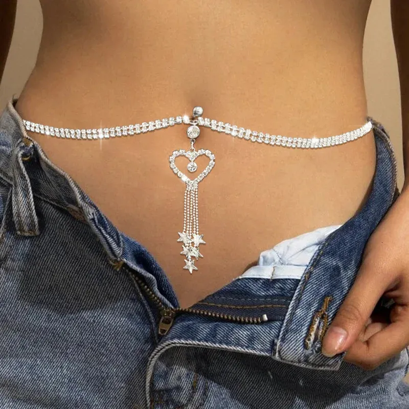 Glaming Boho Heart Dangle Piercing Navel Chain Bungy Ring com cintura Mulheres jóias corporais 240409