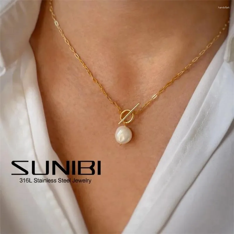 Collares colgantes Sunibi Trendy de agua dulce Collar de perlas para mujeres Cadena de color de oro de acero inoxidable