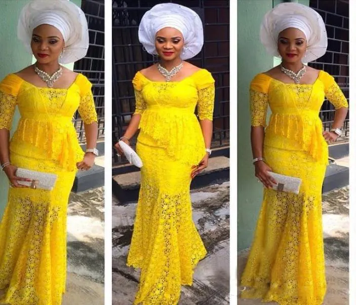 ナイジェリアの黄色のフルレーススクープマーメイドプロムドレス