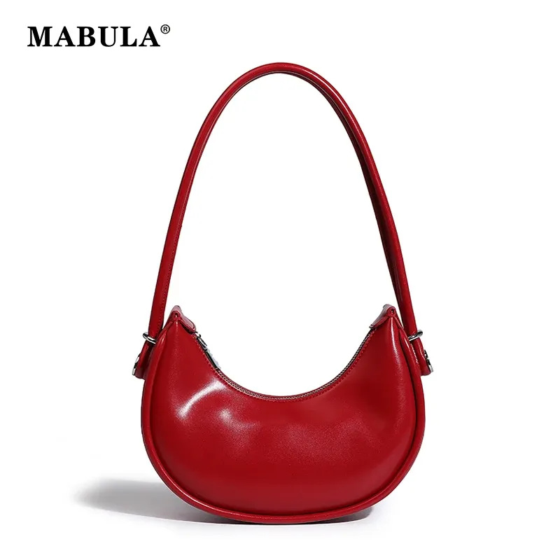 Buckets MABULA Designer Red Women Small Cell Phone Bag Vegant Leather Half Moon Underarm Shoulder Purse Simple Lady Clutch Handbag