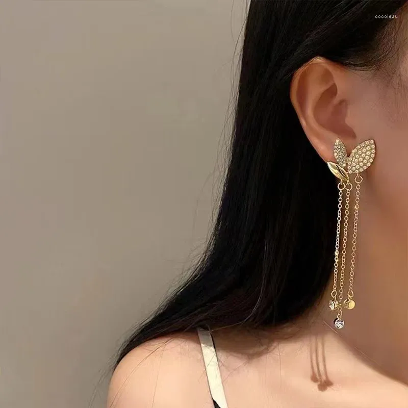 Stud Earrings Tassel Full Shiny Zircon Artificial Pearl Design Bohemian Elegant Style Alloy..